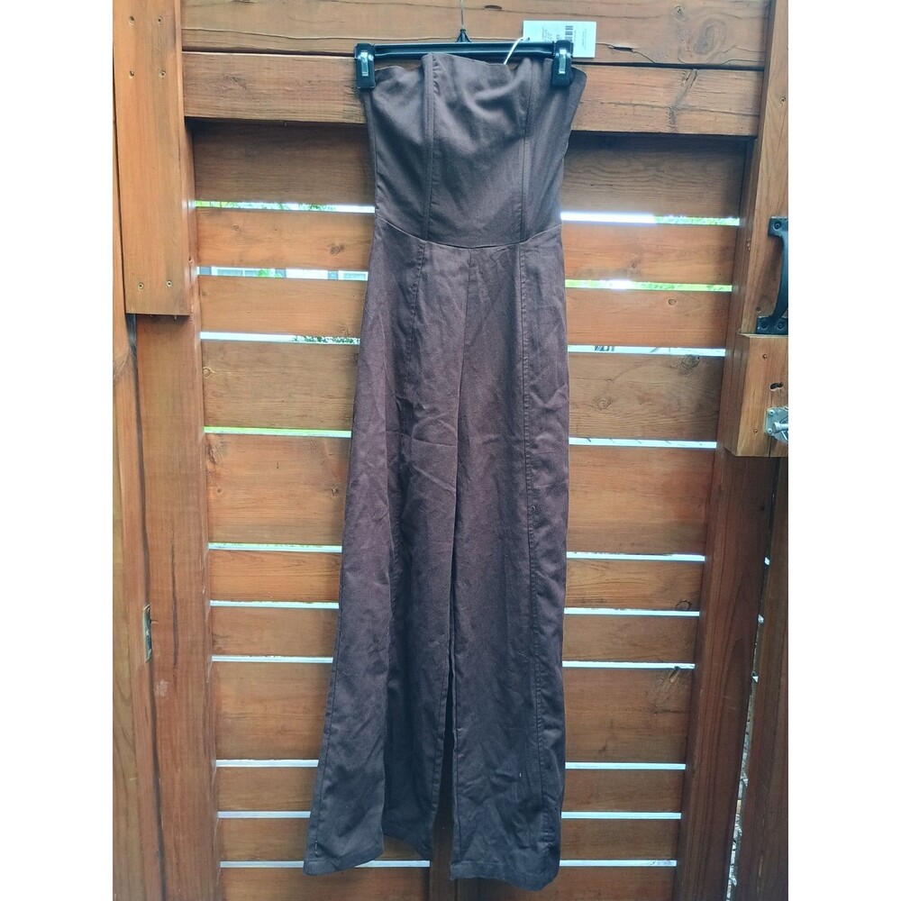Charcoal Dion Jumpsuit Strapless Chocolate Brown Sz 4 Linen Cotton